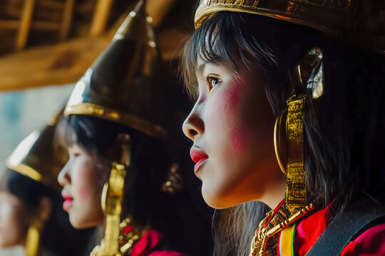 Kayan women in Myanmar, with brass neck rings and traditional clothing, engaging in daily activities in their village