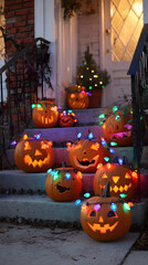 Obraz premium Pumpkins carved with spooky faces wrapped in colorful twinkling christmas string lights blending halloween eeriness with festive holiday cheer