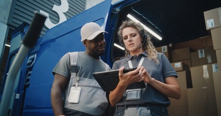 Outside of Logistics Distribution Warehouse: Female Inventory Manager and African American Employee...
