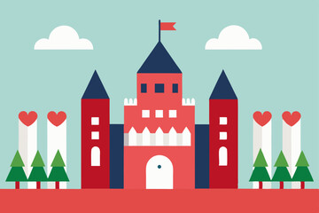 Castle Illustration: An artistic depiction of a vibrant castle, rendered with bold geometric shapes and a charming atmosphere, showcasing elements of a fairy tale setting.
