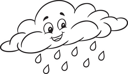  cute cloud with a smiling face and raindrops in a black and white line drawing style