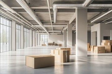 Empty warehouse interior, sunlight streams in