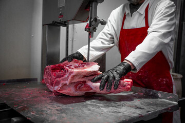 Butcher Cutting Raw Beef with Electric Saw in Meat Processing Facility

