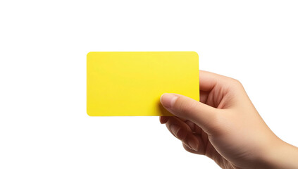 Hand holding blank yellow card on transparent  background for presentation mockup and design template