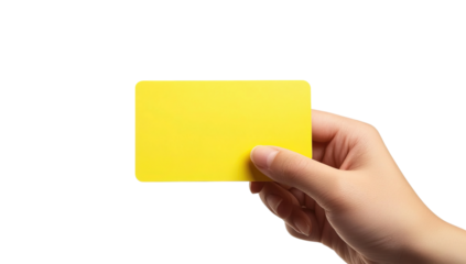 Hand holding blank yellow card on transparent  background for presentation mockup and design template
