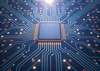 A closeup of a blue computer chip on a circuit board with glowing connections, representing modern technology and digital innovation