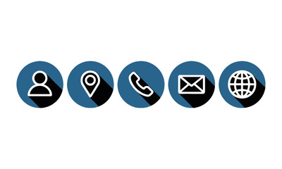Modern vector illustration of minimalistic icons in blue circles of the communication icons set,  location, phone, email, and global connection, easily editable and scalable.