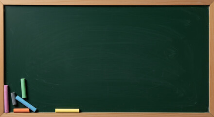 A plain chalkboard presents a clean slate for education, with colorful chalk sticks arranged neatly in the corner, framed within a simple wooden border.
