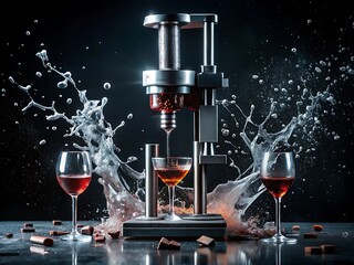 A vintage machine pours red wine into a glass amidst a dynamic splash, surrounded by chocolate pieces on a dark, reflective surface