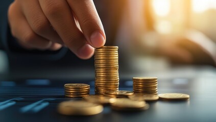 Hand carefully placing a gold coin atop a stack of coins, signifying investment or savings growth.  A series of coin stacks are visible, on a dark surface with chart lines beneath.  