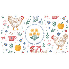 Hand-drawn Hen Flowers and Apples Rustic Farmhouse Art