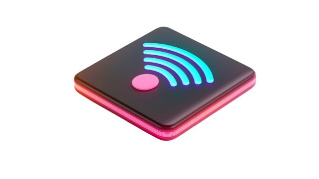 Glowing neon Wi-Fi icon on a dark surface evokes modern technology, connecting devices and wireless internet access, transparent background - Powered by Adobe
