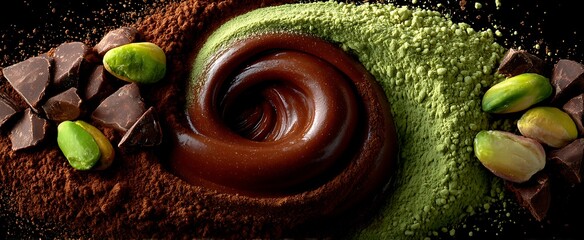 Swirl of Chocolate Delight Cocoa with Matcha, Pistachios, Dark Background, and Gourmet Treat.