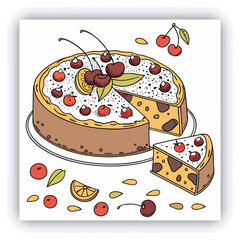 Food photography of homemade cheesecake side view covered with dark chocolate glaze, decorated with fresh garden berries on a white background isolated close up