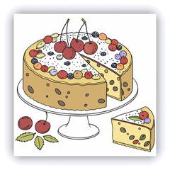 Food photography of homemade cheesecake side view covered with dark chocolate glaze, decorated with fresh garden berries on a white background isolated close up