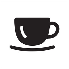Black flat vector icon of a coffee cup with a saucer, representing coffee breaks, cafes, relaxation, or beverages. Ideal for use in restaurant menus, coffee shop branding, mobile apps, websites, and o