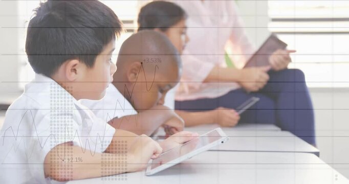 Boys tapping tablets and driving graphs, % figures overlaying classroom, teacher referencing tablet