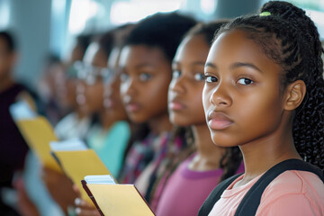 Students on a field trip to a museum, observing exhibits and taking notes, with their teacher leading the group
