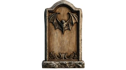 A stone tombstone with a bat relief stands against a transparent background, perfect for Halloween designs and gothic themes.