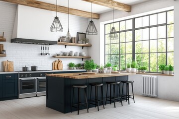 Fototapeta premium Modern farmhouse kitchen, bright & airy. Wooden beams, dark cabinetry, large windows