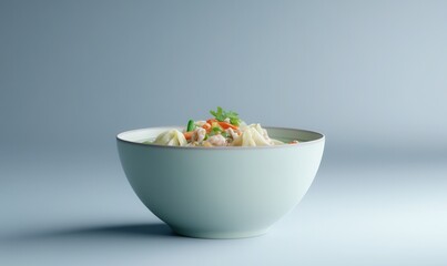 Authentic wonton soup served in a light blue bowl on gray background
