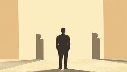 Fototapeta premium Silhouette of a man in a suit, centered in a minimalist, light beige space