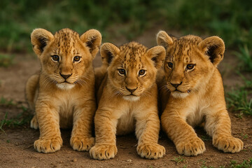 Obraz premium Three Adorable Lion Cubs Sitting on Dry Earth in Natural Habitat