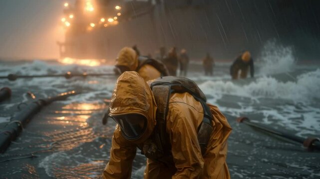 oil spill containment work at sea, workers in hazmat suits, floating booms around dark slick