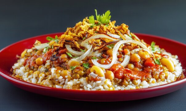 Kushari meal on red plate with rice, lentils, and fried onions