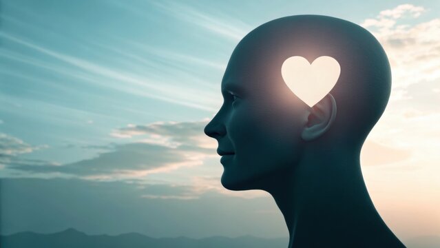 Heart in Mind: Silhouette of a serene head with a glowing heart shape visible within, symbolizing inner peace, compassion, and self-love against a tranquil sunset sky. 