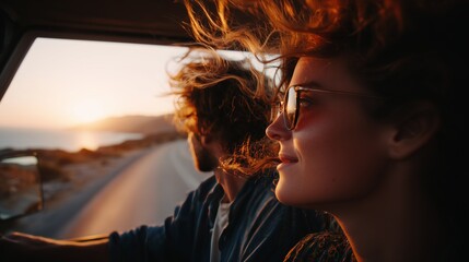 Young couple enjoys a scenic seaside road trip at sunset, with the wind blowing through their hair and a serene orange sky.