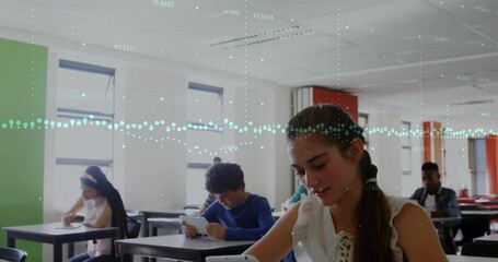 Lowering camera revealing classroom with drifting data waveform as student tapping tablet smiling - Powered by Adobe