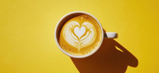 A cup of latte art on a bright yellow background