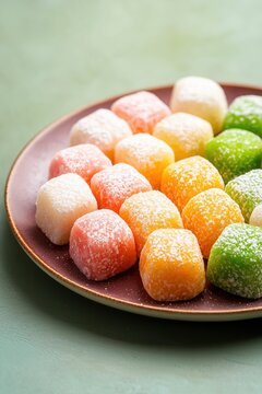 Colorful kue cubir on a plate, Indonesian bite sized sweets