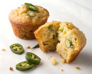 Fototapeta premium Bite Cut Jalapeño Corn Muffin Showing Inside Texture
