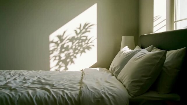 Sunlight streams through a window, casting the shadows of a plant onto a wall above a bed with white pillows and rumpled white sheets.

