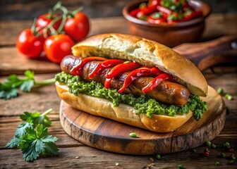 A gourmet hotdog with sausage, pesto, red peppers, and ketchup sits on a wooden board, surrounded by fresh tomatoes and parsley