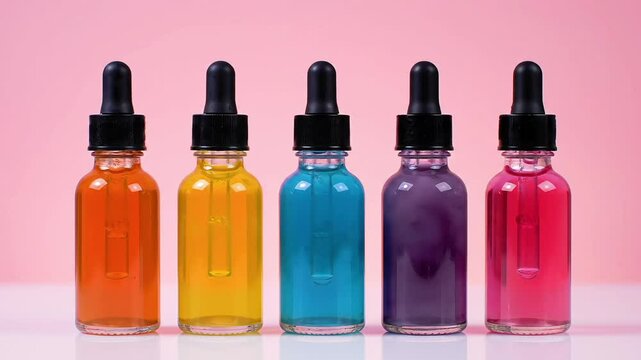 Close up of five colorful dropper bottles with orange yellow blue purple and pink liquids on pink