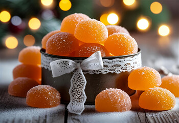 Orange marmalade candy gleams in a festive container, perfect for holiday design.