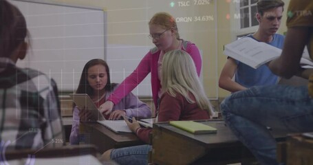 Standing student guiding study group while peers tapping tablet and noting percent figures floating - Powered by Adobe