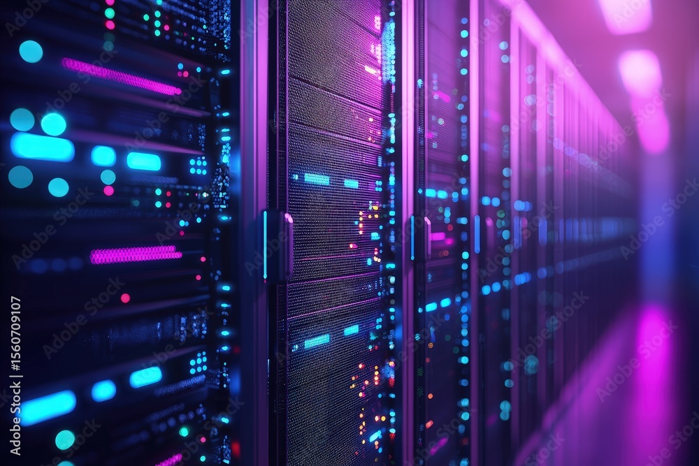 Poster high tech server room with glowing blue and pink led lights in a futuristic data center, ideal for c