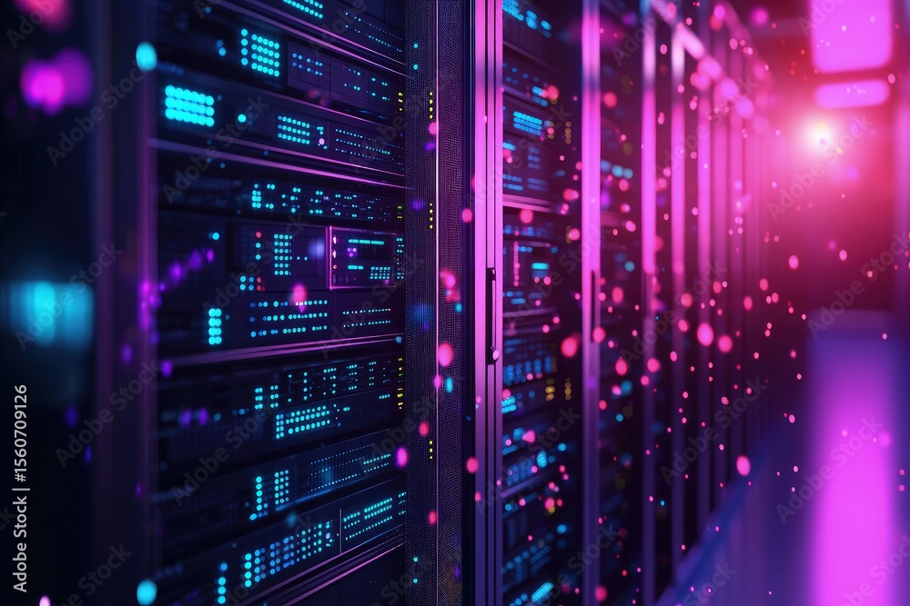 Poster Digital server room glowing with blue LEDs and pink particles in a modern data center, ideal for cloud systems, AI networks, cybersecurity, and futuristic IT visualizations