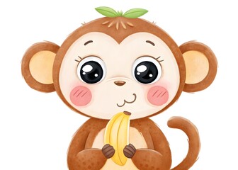 Obraz premium Watercolor illustration of a cute monkey eating a banana isolated on white background