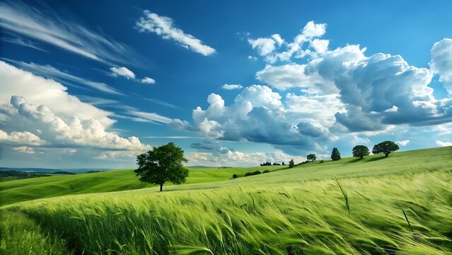 A tranquil summer landscape with a rolling green field under a bright blue sky