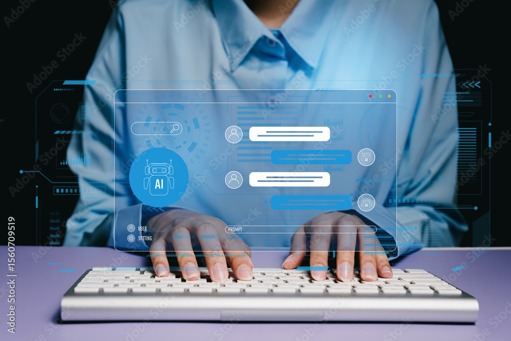 Poster ai chat bot concept. hands typing on keyboard with ai chat interface floating above in modern digita