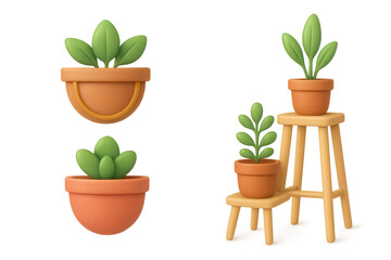 Obraz premium 3d illustrations of potted plants on wooden stands and wall