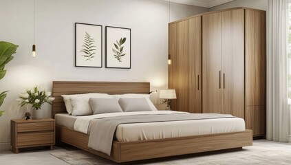 Modern bedroom with light wood furniture, neutral color scheme, and botanical prints
