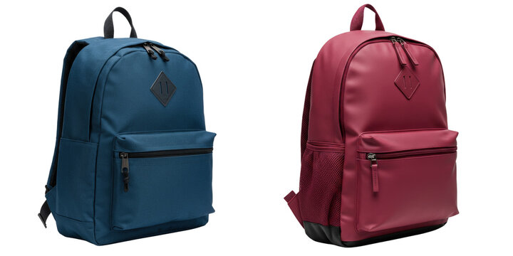 Two stylish backpacks in blue and burgundy isolate, set