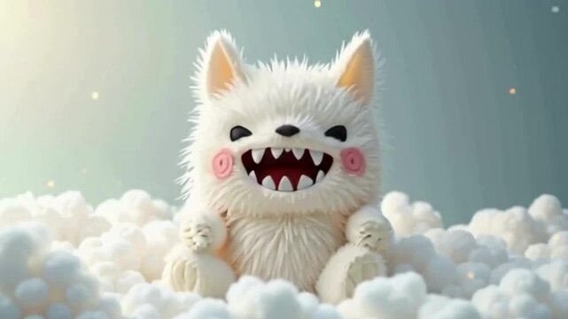 Delightful white plush monster seated among soft clouds offers a whimsical fantasy scene, perfect for children's content and cheerful illustrations filled with imagination.