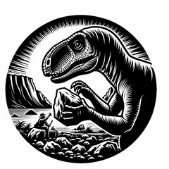 Troodon Examining a Rock in the Prehistoric Forest